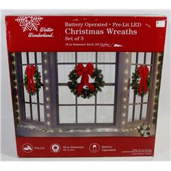 SET OF THREE LED PRE-LIT CHRISTMAS WREATHS