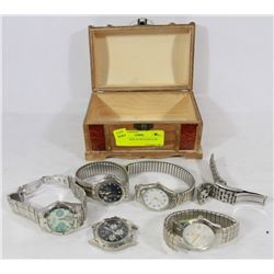 WOODEN BOX OF WATCHES FOR REPAIR.