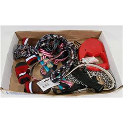 FLAT OF ASSORTED DOG ITEMS, INCLUDES COLLARS,
