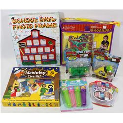 BOX OF ASSORTED KIDS TOYS INCLUDING NATIVITY SET,