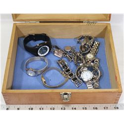 MLARGE WOODEN BOX FILLED WITH WATCHES