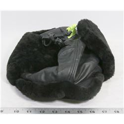 CROWN XL BLACK LEATHER CAP WITH EAR FLAPS.