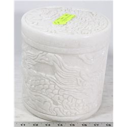 ORIENTAL DESIGNED STONE LIDDED JAR/URN, 9" TALL