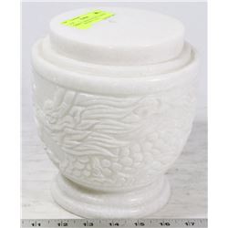 ORIENTAL DESIGN STONE LIDDED WHITE JAR/URN 7" TALL