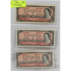 LOT OF 3 1954 STOCK SHEET CANADIAN 2 DOLLAR BILLS