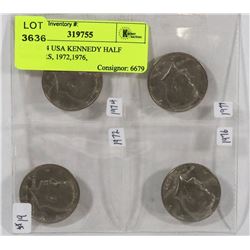 LOT OF 4 USA KENNEDY HALF DOLLARS, 1972,1976,