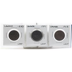 THREE CANADA ONE  CENT COINS  1887  1901  1913
