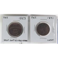 TWO P.E.I. CENT AND HALF CENT COINS 1857  1871