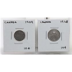 TWO CANADA TEN CENT SILVER COINS 1909 1928