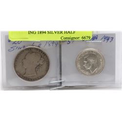 LOT OF 2 CANADIAN COINS INCLUDING 1894 SILVER HALF