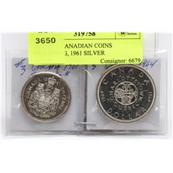 LOT OF 2 CANADIAN COINS INCLUDING, 1961 SILVER