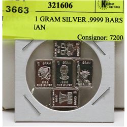 LOT OF 5- 1 GRAM SILVER .9999 BARS INCL  INDIAN