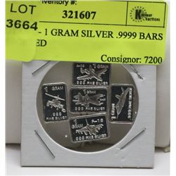 LOT OF 5- 1 GRAM SILVER .9999 BARS ASSORTED