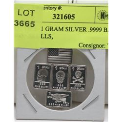 LOT OF 5- 1 GRAM SILVER .9999 BARS INCL  SKULLS,