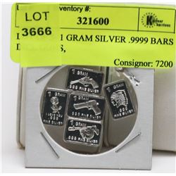 LOT OF 5- 1 GRAM SILVER .9999 BARS INCL GUNS,