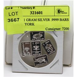 LOT OF 5- 1 GRAM SILVER .9999 BARS INCL NEW YORK