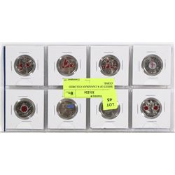 SHEET OF 8 CANADIAN COLORED COINS.