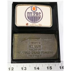 CHARLTON HESTON AND OILERS BELT BUCKLE.