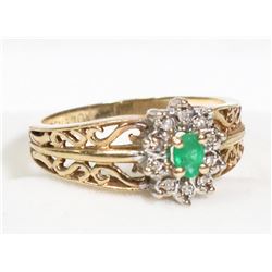 10K EMERALD AND DIAMOND RING SIZE 7 FILIGREE BAND.