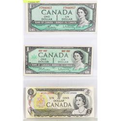 LOT OF 3 CANADIAN 1 DOLLAR BILLS, 1954, 1967,1973