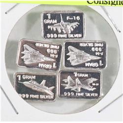 LOT OF 5- 1 GRAM SILVER .9999 BARS INCL PLANES