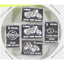 LOT OF 5- 1 GRAM SILVER .9999 BARS INCL