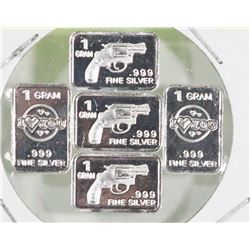 LOT OF 5- 1 GRAM SILVER .9999 BARS INCL GUNS,