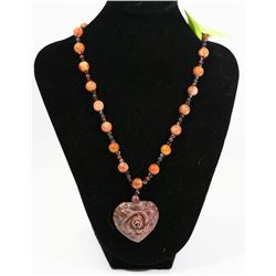 CARVED STONE ROSE PENDANT ON STONE BEADED
