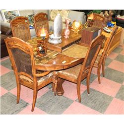 VINTAGE ESTATE WOOD TABLE WITH 6 WOOD AND WICKER