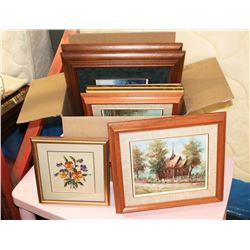 BOX OF ASSORTED PICTURES AND ARTWORK.