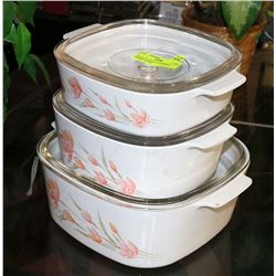 SET OF 3 CORELLE CASSEROLE DISHES/ W LIDS
