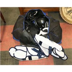 HOCKEY BAG WITH HELMET, GLOVES, SHIN PADS, PANTS,