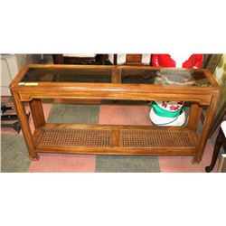 WOOD AND GLASS SOFA TABLE, 54"X14"X26"
