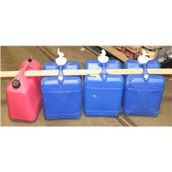 3 FIVE GALLON WATER JUGS WITH SPOUTS AND ONE