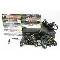 XBOX CONSOLE WITH 2 CONTROLLERS AND 26 GAMES.