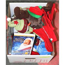 BOX OF CHRISTMAS RELATED ITEMS, MOOSE STOCKING,