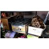 Image 1 : 2 BOXES ELECTRICAL CABLE, GUTTER PROTECTOR, AND CABLE AND COLOURED GLASS CHANDELIER