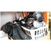 Image 1 : BASKET OF HELMETS, SPORTS PADS, BOOTS, AND GOLF CLUBS