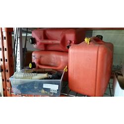 2 JERRY CANS AND TOTE OF ACCESSORIES