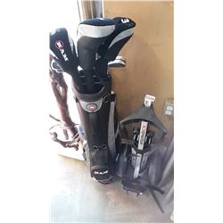 AS NEW RAM MEMORIAL RIGHT HANDED GOLF CLUB SET WITH BAG AND CART