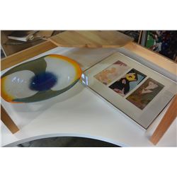 ART GLASS CENTER BOWL AND FRAMED ABSTRACT