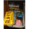 Image 1 : TRAY OF POST CARDS AND BOOKS AND VINTAGE LICENSE PLATES
