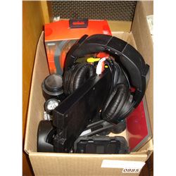 SMALL BOX OF ELECTRONICS AND WIRELESS HEAD PHONES