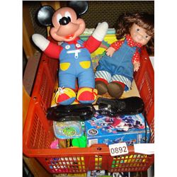 TOTE OF MISC TOYS AND DISNEY BOOKS AND VINTAGE MICKEY MOUSE DOLL AND OTHER DOLL 1973