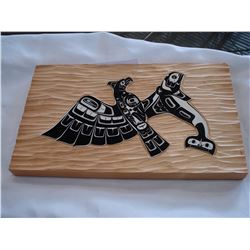CARVED WOOD PLAQUE BY LIZ CAMPBELL MUSQUEAM BC, OF COAST SALISH EAGLE AND WHALE