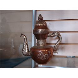 COPPER AND SILVER INLAY ANTIQUE DRAGON TEA POT