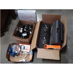 MISC BOX OF CAMERAS, CHARGERS, HEAPHONES, CD LABEL MAKER, ETC