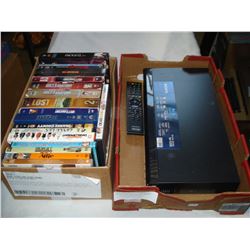 BOX OF DVDS AND BLURAY PLAYER