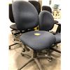 3 - Blue pattern office chairs with adjustable height. 1 chair has no arm rest