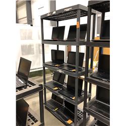 Qty 2 Plastic shelving 72 1/2  x 36  x 17  with 5 shelves, 38 1/4  x 36  x 17  with 3 shelves